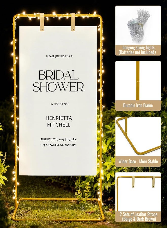 Victawks Wedding Welcome Sign Stand with Light, Welcome to our Wedding Sign Holder, Gold Easel Stand for Sign Poster With Design Bundle & Ground Stakes & Leather Sign Hanging Straps, Linen Sign Stand for - Image 2