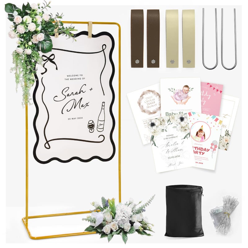 Victawks Wedding Welcome Sign Stand with Light, Welcome to our Wedding Sign Holder, Gold Easel Stand for Sign Poster With Design Bundle & Ground Stakes & Leather Sign Hanging Straps, Linen Sign Stand for - Image 1
