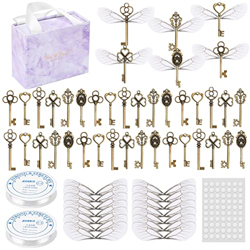 SANNIX 48 PCS Large Vintage Skeleton Keys Flying Keys Charms with 50 Pairs Dragonfly Wings and 60 Yards Elastic Crystal String for DIY Christmas Decorations Magic Theme Wizard Party Supplies - Image 1