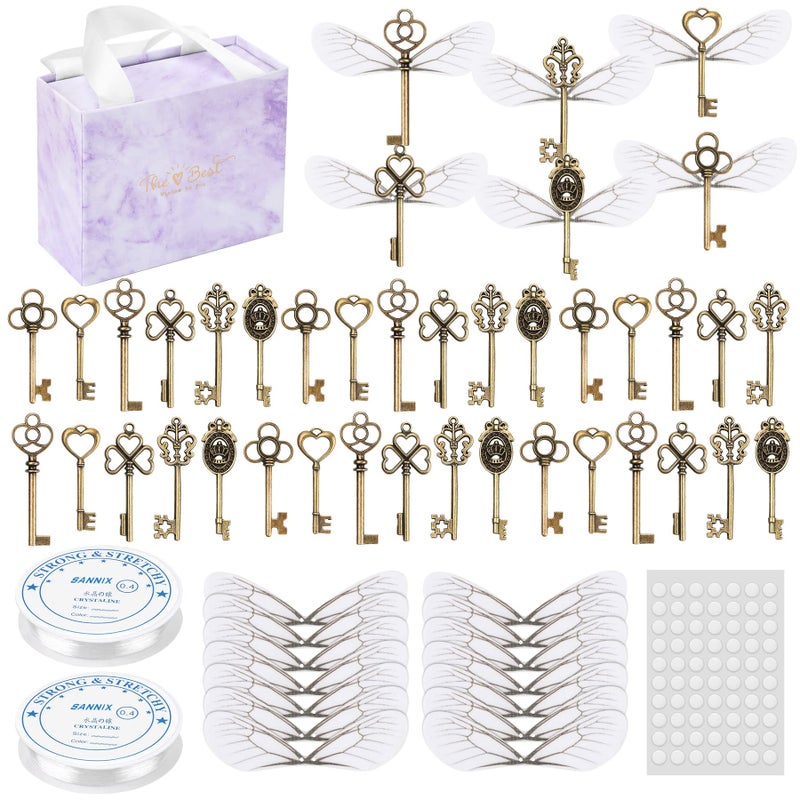 SANNIX 48 PCS Large Vintage Skeleton Keys Flying Keys Charms with 50 Pairs Dragonfly Wings and 60 Yards Elastic Crystal String for DIY Christmas Decorations Magic Theme Wizard Party Supplies - Image 3