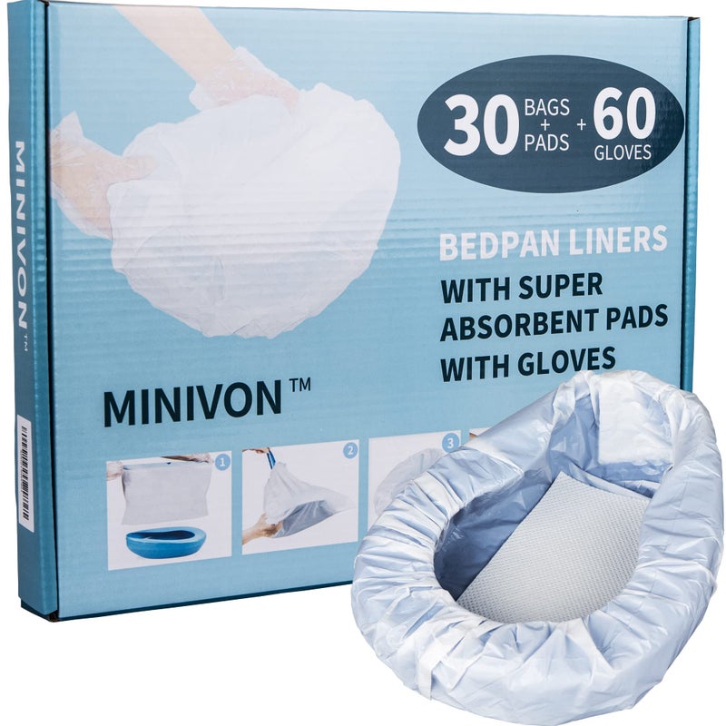 MINIVON MINIVON Bedpan Liners with Super Absorbent Pads  Value Pack 30 Count  Bed pan Bag Disposable Pulling String Medical Grade  Universal Fit Bed Pan for Bedridden Patients Elderly Senior Bedbound