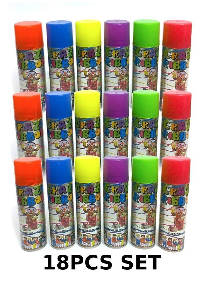 CRAZY RIBBON بخاخ خيوط ملونة للاحتفالات والتزيين، عبوة بخاخ شريطة مجنونة مكونة من 18 قطعة - Image 1