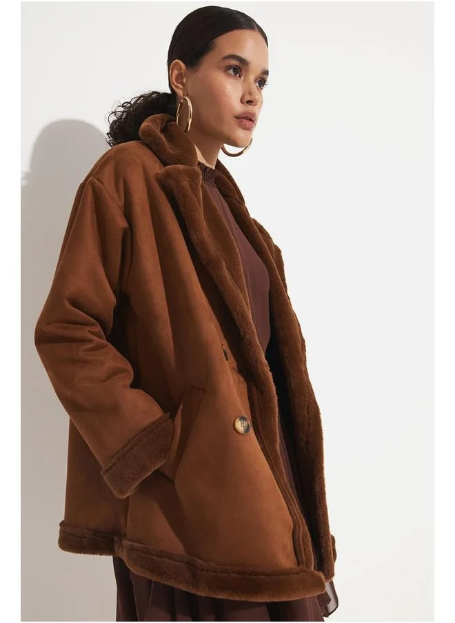 جون June Pu Fur Buttoned Biker Coat Brown