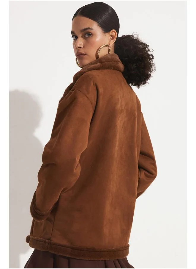 JUNE June Pu Fur Buttoned Biker Coat Brown