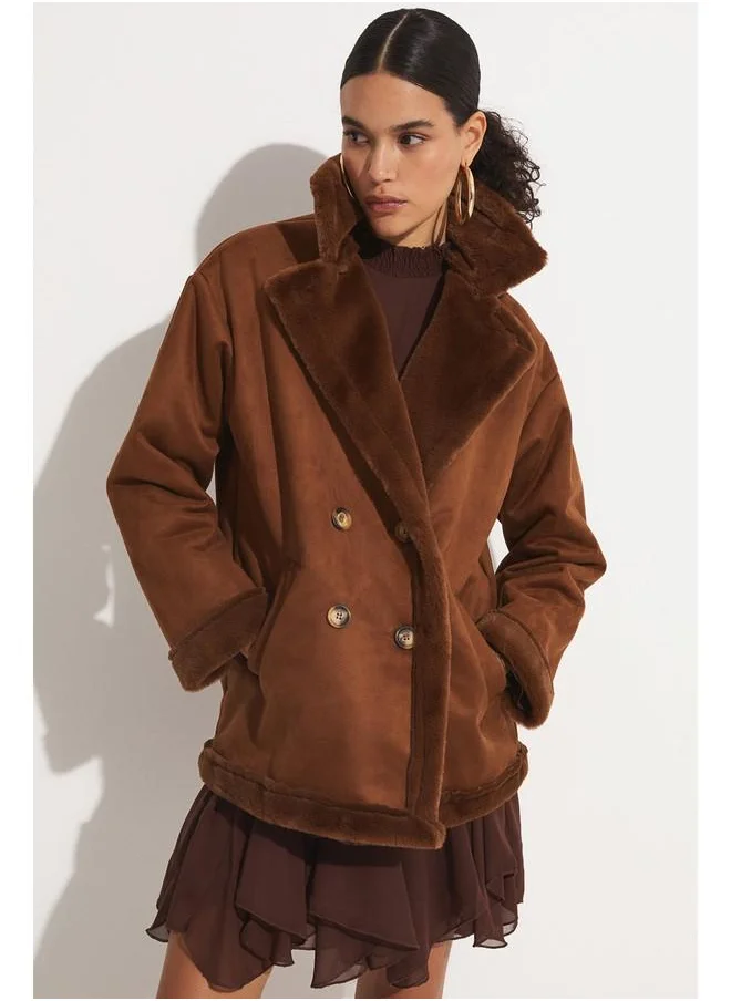 JUNE June Pu Fur Buttoned Biker Coat Brown