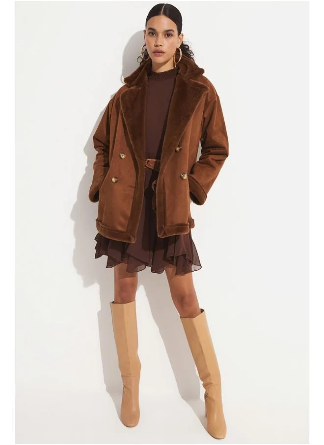 جون June Pu Fur Buttoned Biker Coat Brown