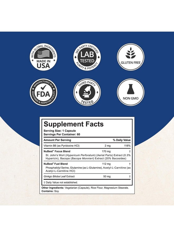 NuBest نيوبرين معزز - مكمل للدماغ لتعزيز الدماغ، الذاكرة، التركيز ودعم الوضوح مع نبتة سانت جون، الجنكة بيلوبا، باكوبا والمزيد - مكمل نوتروبيك متميز للدماغ - 60 كبسولة نباتية - Image 4