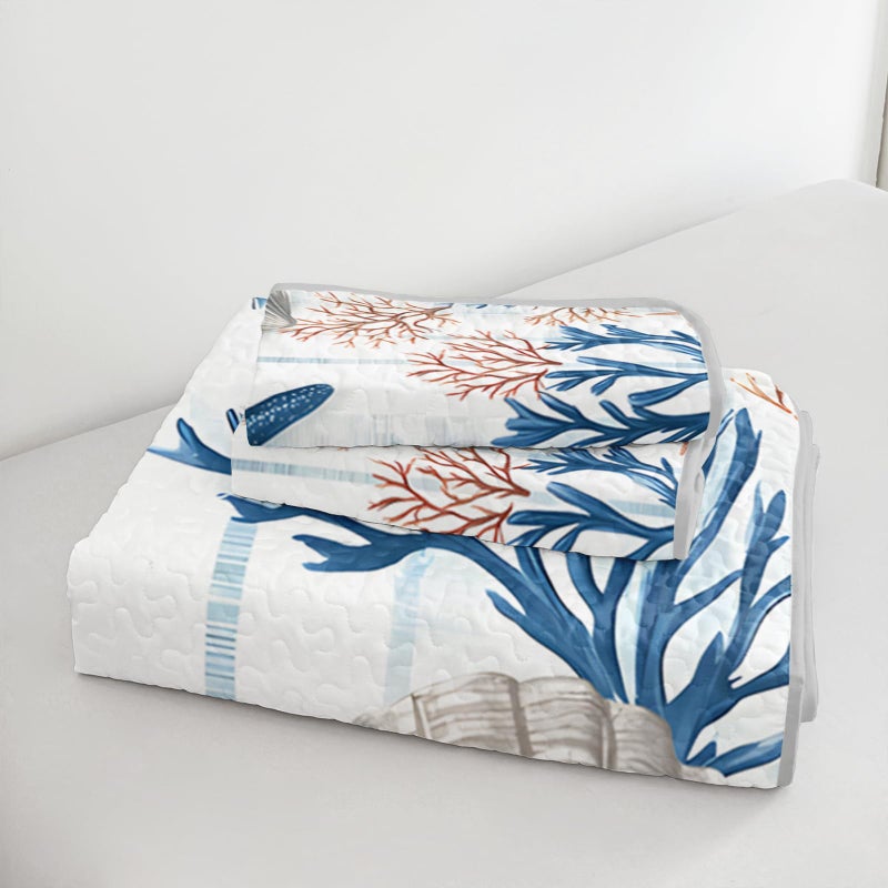 QOOMO Coastal Quilt Set Full/Queen Size,Starfish Coral Nautical Bedspread Coverlet Set,Ocean 3Pcs Bedding Set Printed Quilt with 2 Pillowcases,Soft and Lightweight,for All Seasons - Image 5