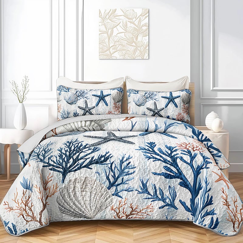 QOOMO Coastal Quilt Set Full/Queen Size,Starfish Coral Nautical Bedspread Coverlet Set,Ocean 3Pcs Bedding Set Printed Quilt with 2 Pillowcases,Soft and Lightweight,for All Seasons - Image 1