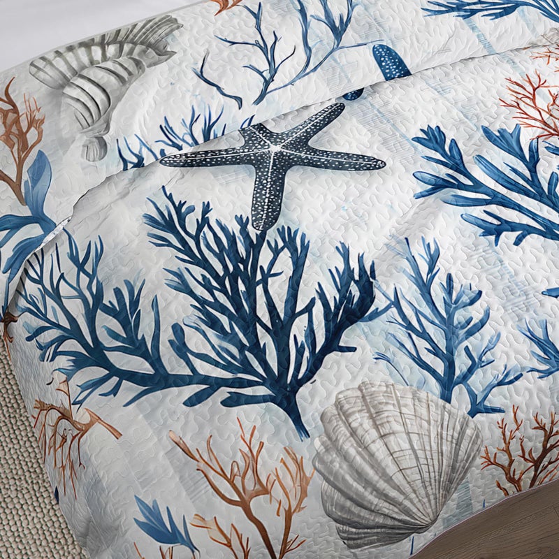 QOOMO Coastal Quilt Set Full/Queen Size,Starfish Coral Nautical Bedspread Coverlet Set,Ocean 3Pcs Bedding Set Printed Quilt with 2 Pillowcases,Soft and Lightweight,for All Seasons - Image 4