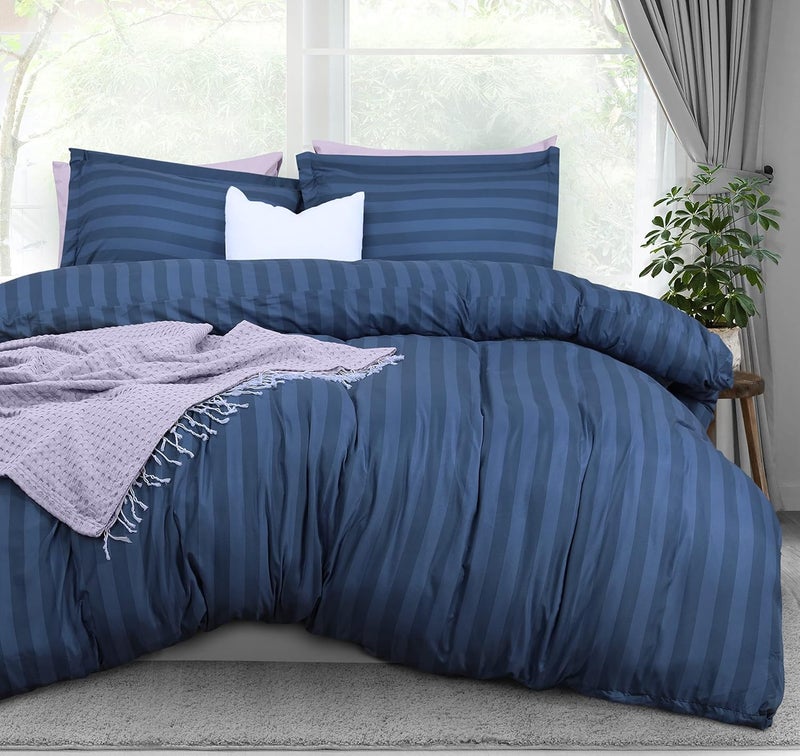 Utopia Bedding Duvet Cover Queen Size Set - 1 Duvet Cover with 2 Pillow Shams - 3 Pieces Comforter Cover with Zipper Closure - Ultra Soft Brushed Microfiber, 90 X 90 Inches (Queen, Stripe Navy) - Image 1