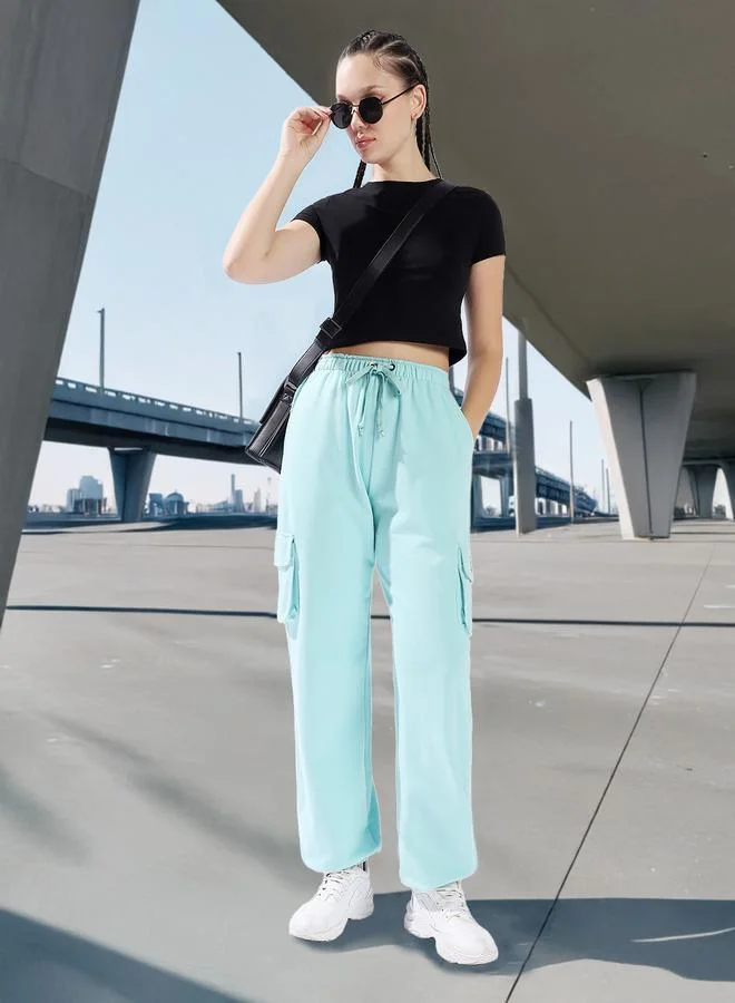 HIGH STAR Women'S Blue 100% Cotton Solid Pattern Full Length Casual Jogger Track Pant