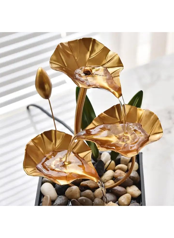 Zipzox Zipzox Metal Tabletop Water Fountain Decor Ornaments with Waterfall Desktop Lotus Fountains Deep Basin and Natural River Rocks Indoor Zen Relaxation for Office Bedroom Decor Item Golden 1 PCS  - Image 3