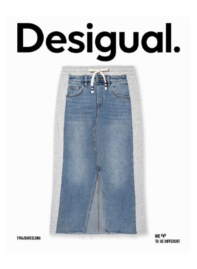 DESIGUAL تنورة ميدي من الجينز مستقيمة قليلاً مع تطريز باث ورك - Image 1