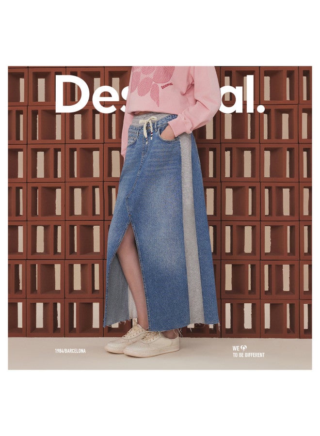 DESIGUAL تنورة ميدي من الجينز مستقيمة قليلاً مع تطريز باث ورك - Image 5