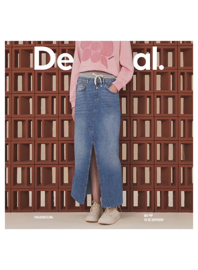 DESIGUAL تنورة ميدي من الجينز مستقيمة قليلاً مع تطريز باث ورك - Image 4