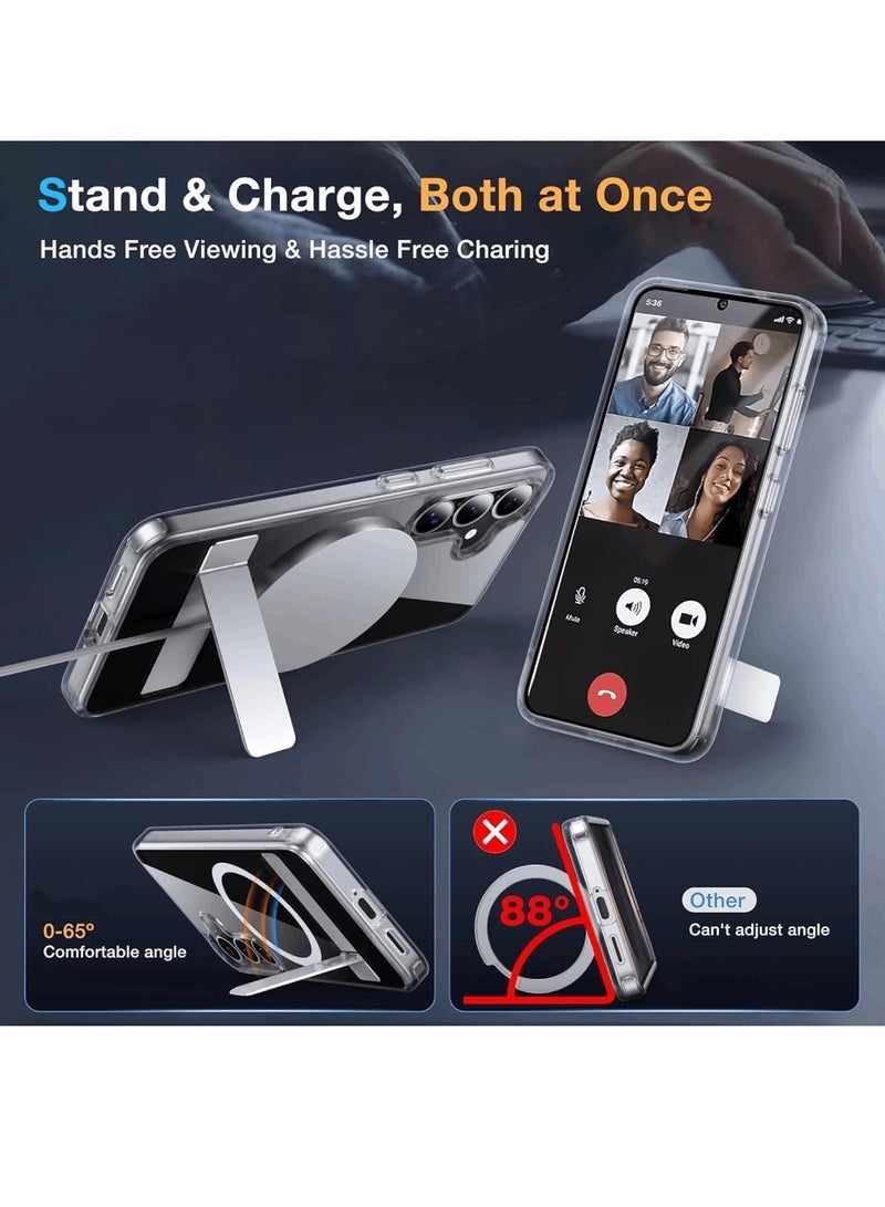 for Samsung Galaxy A56 Clear Kickstand Case, Crystal Magnetic Case with Metal Stand [Compatible with MagSafe] [Two-Way Stand] Transparent Shockproof Hard Phone Cover Mag-Safe Case for Samsung Galaxy A56 (Clear)