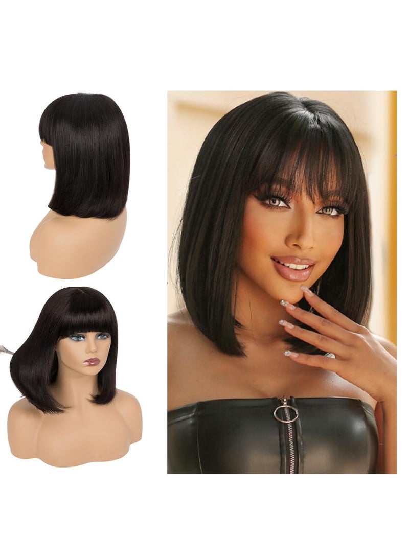 Rich Choices - Rich Choices Light Yaki Straight Human Hair Bob Wig With Bangs 12 Inch 100% Brazilian Virgin Human Hair Wigs HD Lace Glueless Wigs Blunt Cut Short Black Bob Wigs Realistic Look For Black Women - Image 1