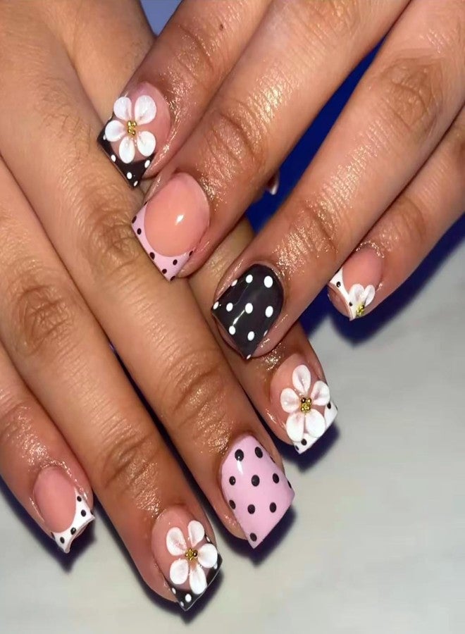 GRITOSE 24Pcs Cute Polka Dot Press on Nails Short Square French Tip Fake Nails with Flower Design Spring Summer Stick on Nails Pink Brown False Nail Full Cover Artificial Nails Press ons for Women Girls - Image 1