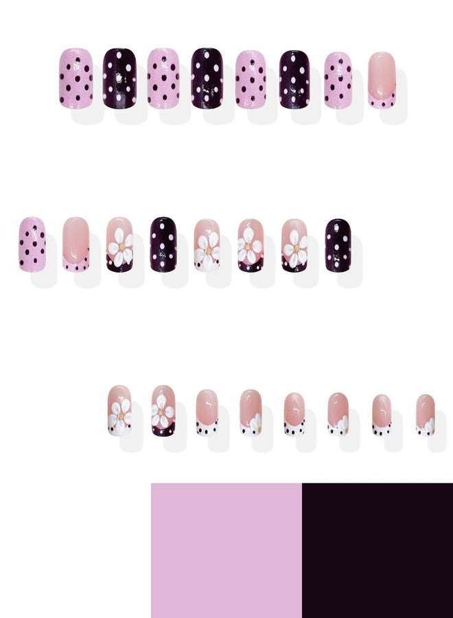 GRITOSE 24Pcs Cute Polka Dot Press on Nails Short Square French Tip Fake Nails with Flower Design Spring Summer Stick on Nails Pink Brown False Nail Full Cover Artificial Nails Press ons for Women Girls - Image 4