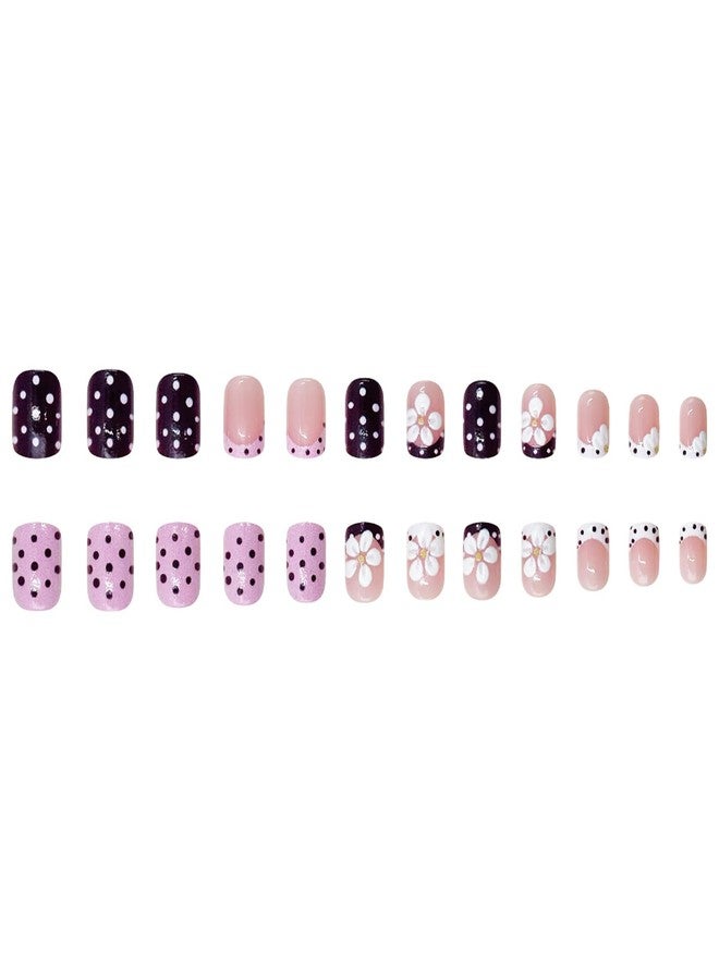 GRITOSE 24Pcs Cute Polka Dot Press on Nails Short Square French Tip Fake Nails with Flower Design Spring Summer Stick on Nails Pink Brown False Nail Full Cover Artificial Nails Press ons for Women Girls - Image 5