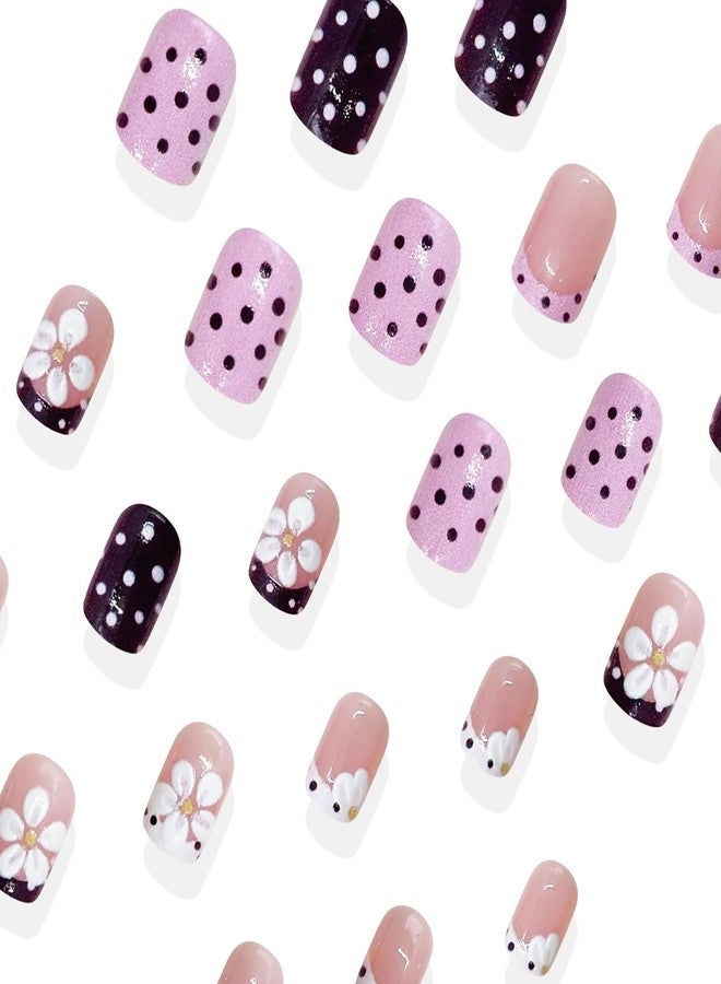 GRITOSE 24Pcs Cute Polka Dot Press on Nails Short Square French Tip Fake Nails with Flower Design Spring Summer Stick on Nails Pink Brown False Nail Full Cover Artificial Nails Press ons for Women Girls - Image 3