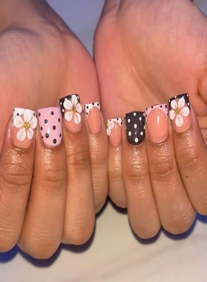 GRITOSE 24Pcs Cute Polka Dot Press on Nails Short Square French Tip Fake Nails with Flower Design Spring Summer Stick on Nails Pink Brown False Nail Full Cover Artificial Nails Press ons for Women Girls - Image 2