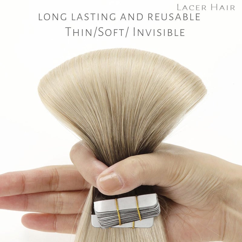 Lacer Hair Tape in Hair Extension Human Hair Balayage Platinum Blonde Hair with Darker Brown Roots Double Sided PU Weft Seamless Straight Natural Human Hair Tape in Extensions 50g 20pcs 14 Inch - Image 4