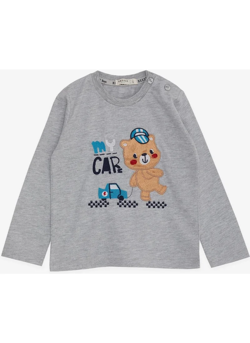 Breeze Baby Boy Long Sleeve T-Shirt with Teddy Bear Printed Text Embroidery 9 Months-3 Years, Gray Melange