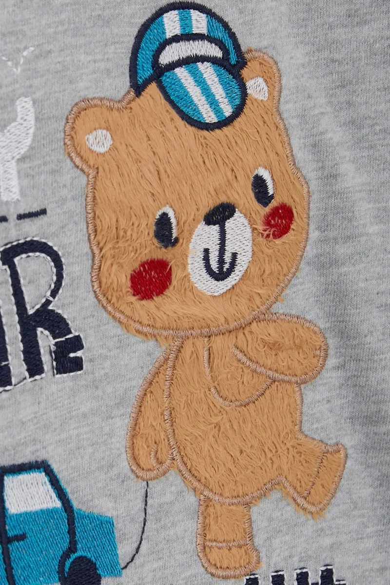 بريز Baby Boy Long Sleeve T-Shirt with Teddy Bear Printed Text Embroidery 9 Months-3 Years, Gray Melange