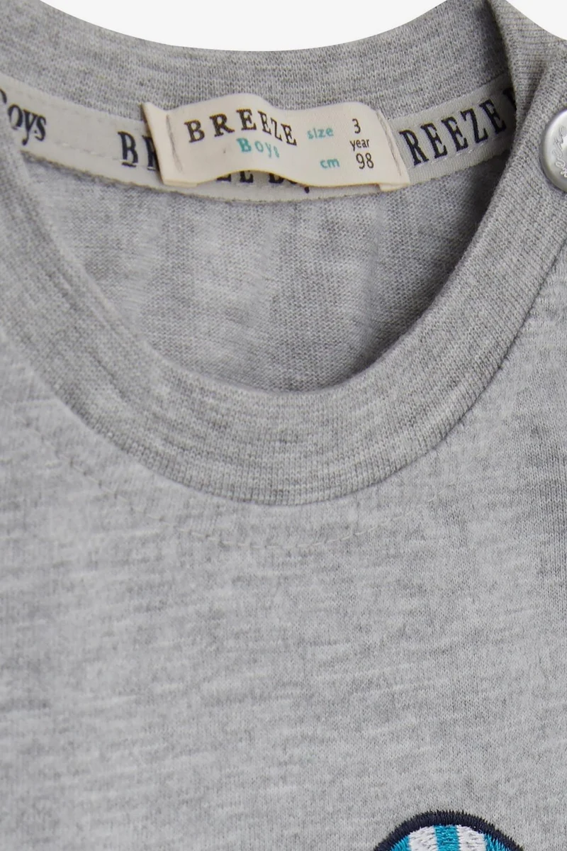 بريز Baby Boy Long Sleeve T-Shirt with Teddy Bear Printed Text Embroidery 9 Months-3 Years, Gray Melange