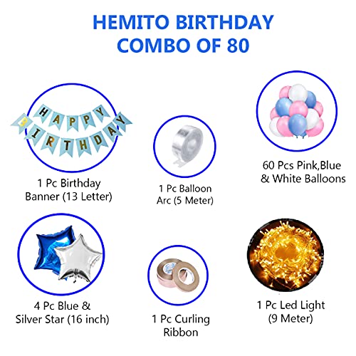HEMITO Happy Birthday Decoration Kit 80pc Combo with Birthday Paper Banner Blue Color, Pink, Blue, White (60 Balloon) & 4pc Star Foil Balloon, 1pc Light, Ribbon, Balloon Arch for Birthday Decoration - Image 2