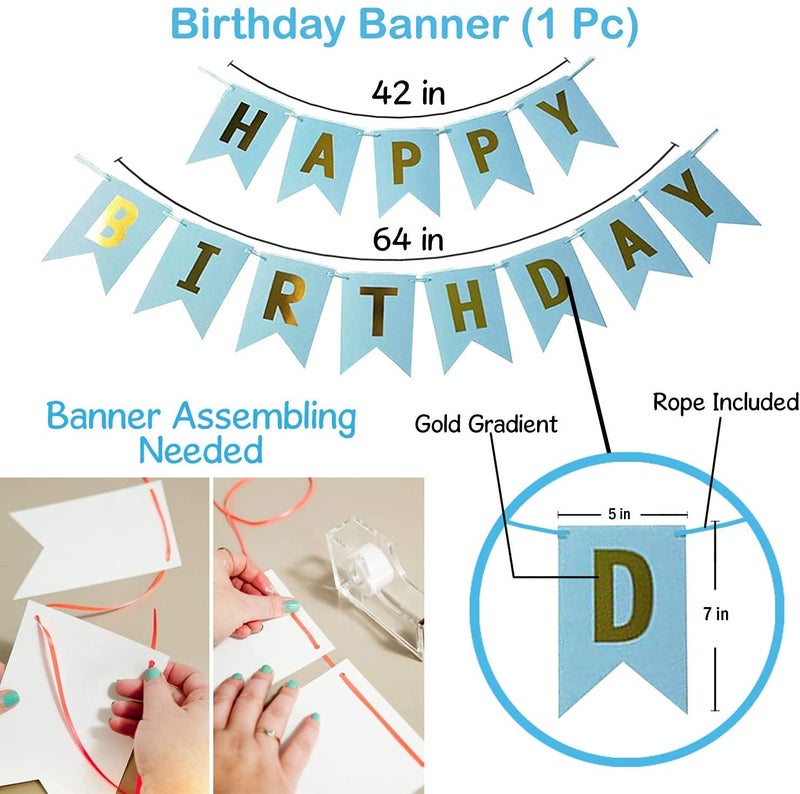 HEMITO Happy Birthday Decoration Kit 80pc Combo with Birthday Paper Banner Blue Color, Pink, Blue, White (60 Balloon) & 4pc Star Foil Balloon, 1pc Light, Ribbon, Balloon Arch for Birthday Decoration - Image 3