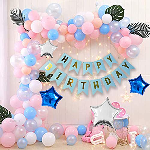 HEMITO Happy Birthday Decoration Kit 80pc Combo with Birthday Paper Banner Blue Color, Pink, Blue, White (60 Balloon) & 4pc Star Foil Balloon, 1pc Light, Ribbon, Balloon Arch for Birthday Decoration - Image 1