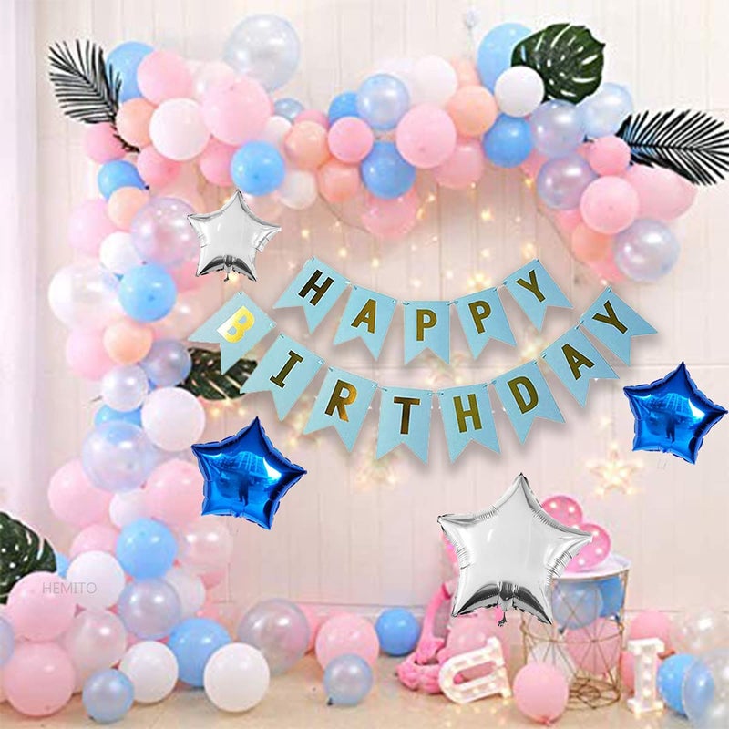 HEMITO Happy Birthday Decoration Kit 80pc Combo with Birthday Paper Banner Blue Color, Pink, Blue, White (60 Balloon) & 4pc Star Foil Balloon, 1pc Light, Ribbon, Balloon Arch for Birthday Decoration - Image 4