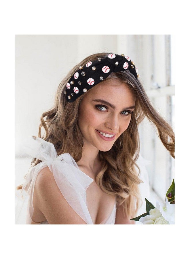 NVENF Baseball Headband For Women Crystal Pearl Knotted Headband Baseball Charms Rhinestone Beaded Embellished Headband Wide Top Knot Game Day Headband Accessories Sports Fan Gifts (Black) - Image 3