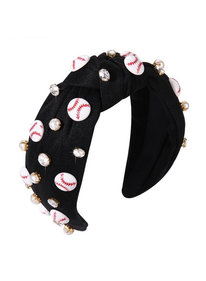 NVENF Baseball Headband For Women Crystal Pearl Knotted Headband Baseball Charms Rhinestone Beaded Embellished Headband Wide Top Knot Game Day Headband Accessories Sports Fan Gifts (Black) - Image 1