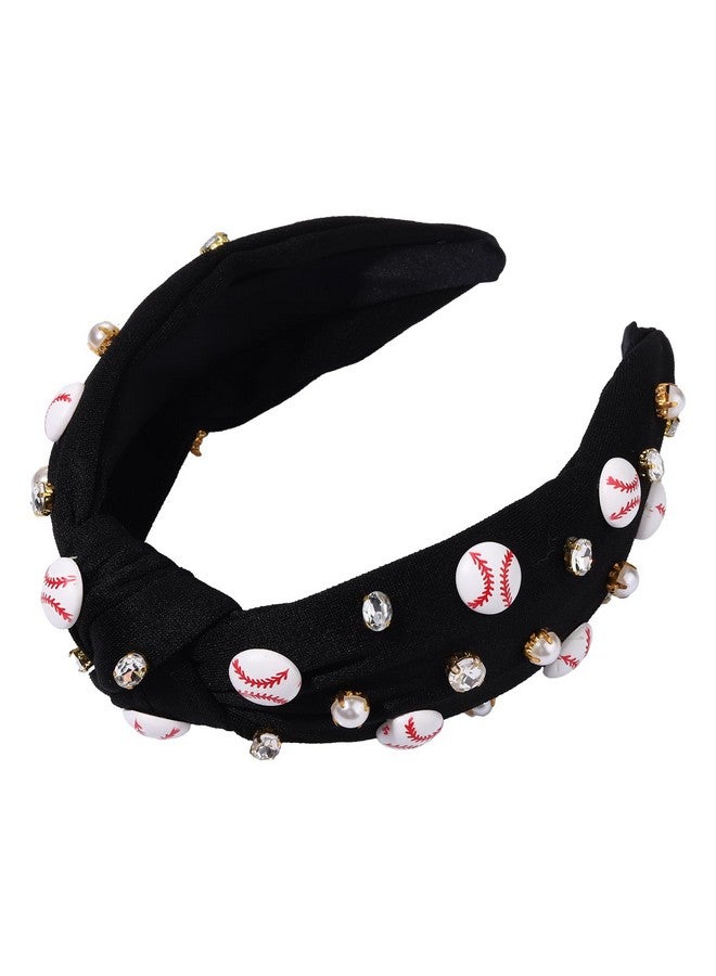 NVENF Baseball Headband For Women Crystal Pearl Knotted Headband Baseball Charms Rhinestone Beaded Embellished Headband Wide Top Knot Game Day Headband Accessories Sports Fan Gifts (Black) - Image 4