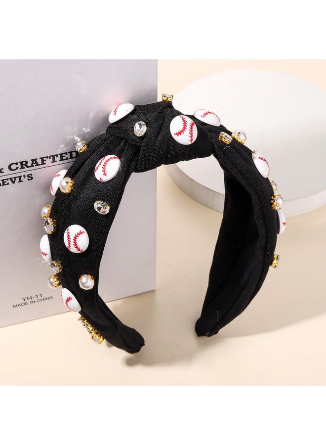 NVENF Baseball Headband For Women Crystal Pearl Knotted Headband Baseball Charms Rhinestone Beaded Embellished Headband Wide Top Knot Game Day Headband Accessories Sports Fan Gifts (Black) - Image 5
