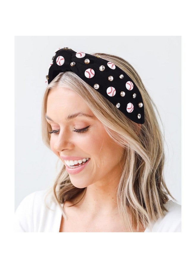 NVENF Baseball Headband For Women Crystal Pearl Knotted Headband Baseball Charms Rhinestone Beaded Embellished Headband Wide Top Knot Game Day Headband Accessories Sports Fan Gifts (Black) - Image 2