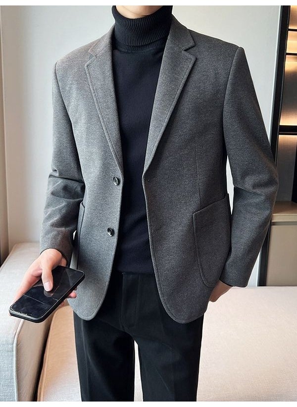 Generic - Mens Wool Blazer Autumn Winter Thick Korean Casual Suit Jacket Black - Image 1