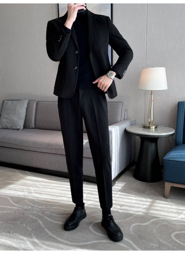 Generic - Mens Wool Blazer Autumn Winter Thick Korean Casual Suit Jacket Black - Image 1