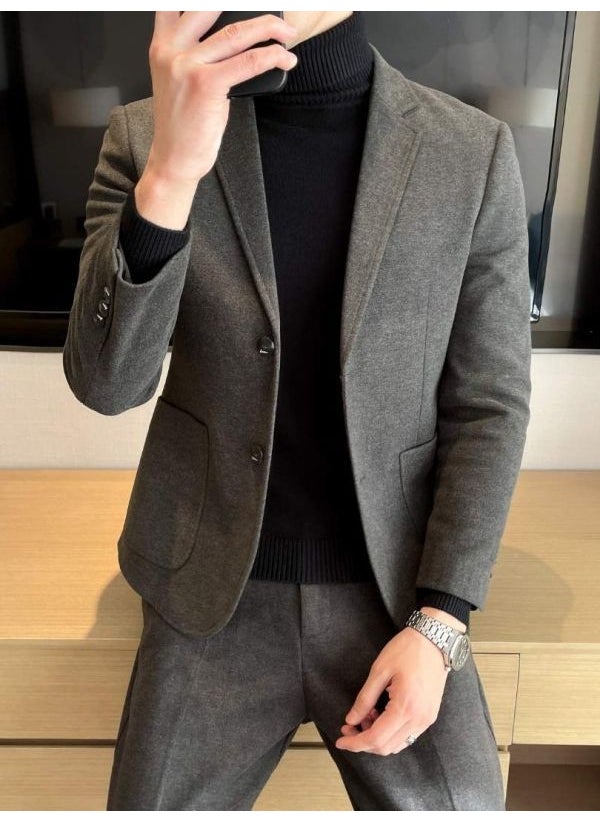 Generic - Mens Wool Blazer Autumn Winter Thick Korean Casual Suit Jacket Black - Image 1