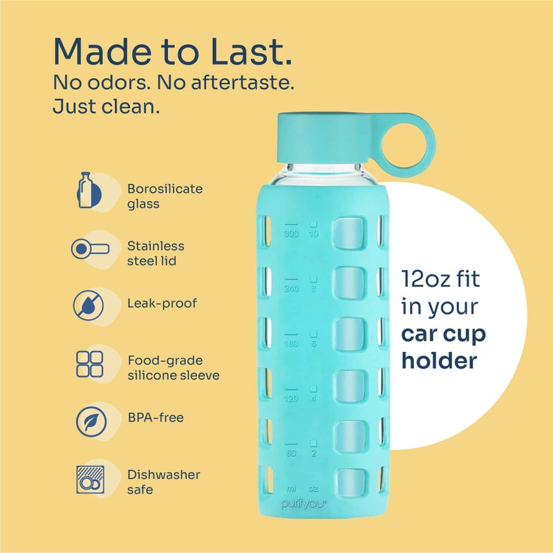 purifyou 40oz / 32oz / 22oz / 12oz Borosilicate Glass Water Bottle with Time & Volume Markers, Silicone Sleeve, Stainless Steel Lid | Reusable Glass Bottle for Water & Juice (12oz Aqua Blue) - Image 4