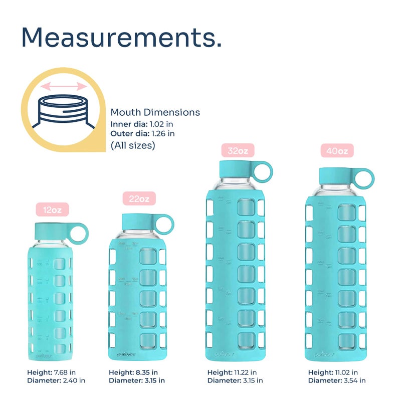 purifyou 40oz / 32oz / 22oz / 12oz Borosilicate Glass Water Bottle with Time & Volume Markers, Silicone Sleeve, Stainless Steel Lid | Reusable Glass Bottle for Water & Juice (12oz Aqua Blue) - Image 2