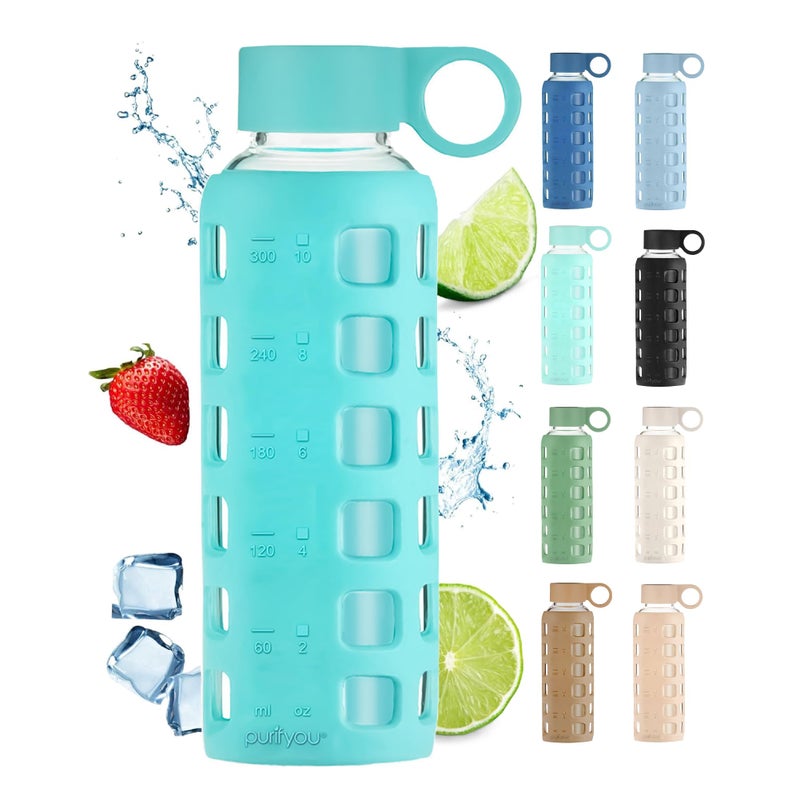 purifyou 40oz / 32oz / 22oz / 12oz Borosilicate Glass Water Bottle with Time & Volume Markers, Silicone Sleeve, Stainless Steel Lid | Reusable Glass Bottle for Water & Juice (12oz Aqua Blue) - Image 1