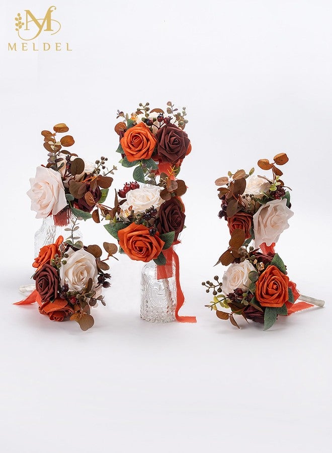 Meldel Burnt Orange Wedding Centerpieces Flowers Mini Bridesmaid Bouquets Set of 6 Terracotta Table Decor Pre-Made Small Floral Fall Wedding Decorations - Image 5