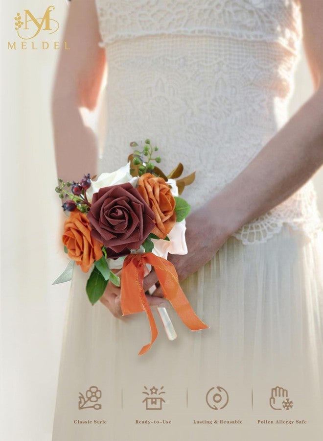 Meldel Burnt Orange Wedding Centerpieces Flowers Mini Bridesmaid Bouquets Set of 6 Terracotta Table Decor Pre-Made Small Floral Fall Wedding Decorations - Image 3