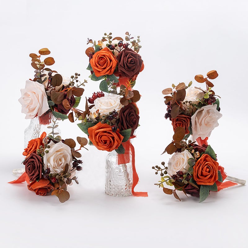 Meldel Burnt Orange Wedding Centerpieces Flowers Mini Bridesmaid Bouquets Set of 6 Terracotta Table Decor Pre-Made Small Floral Fall Wedding Decorations - Image 1