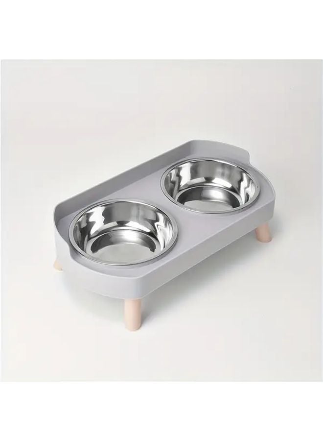 مغذي الحيوانات الأليفة المرتفع من الفولاذ المقاوم للصدأ مع وعاء مزدوج وموزع مياه باللون الرمادي سهل التنظيف - Image 1